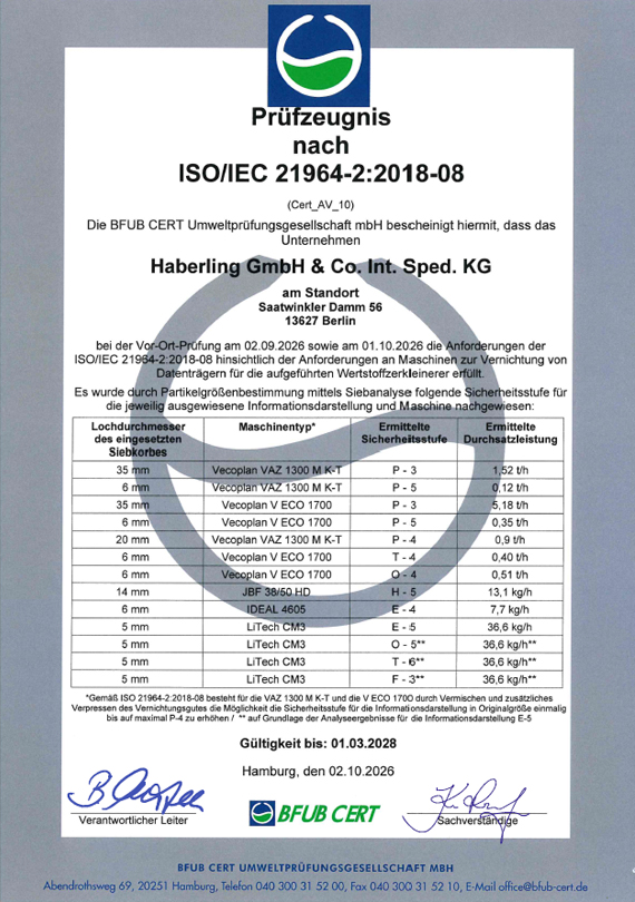 Haberling GmbH - Zertifikat Datenvernichtung ISO 21964 - ausgestellt von BFUB CERT (Cert_AV_10)