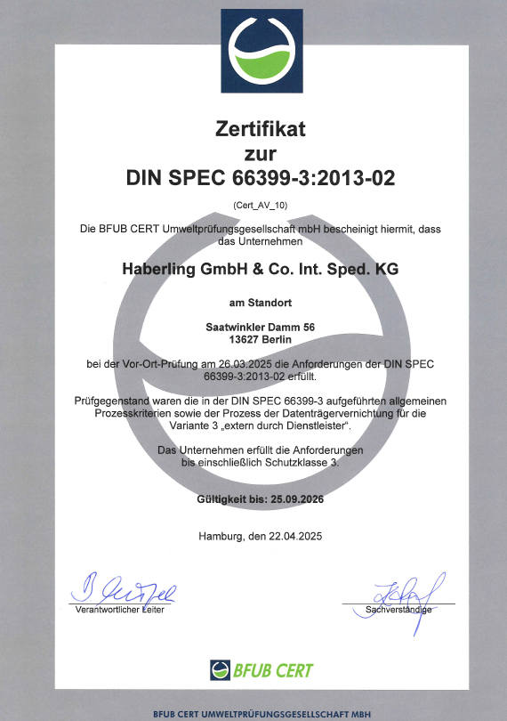 Haberling GmbH - Zertifikat Datenvernichtung DIN SPEC 66399-3 - ausgestellt von BFUB CERT (Cert_AV_10)