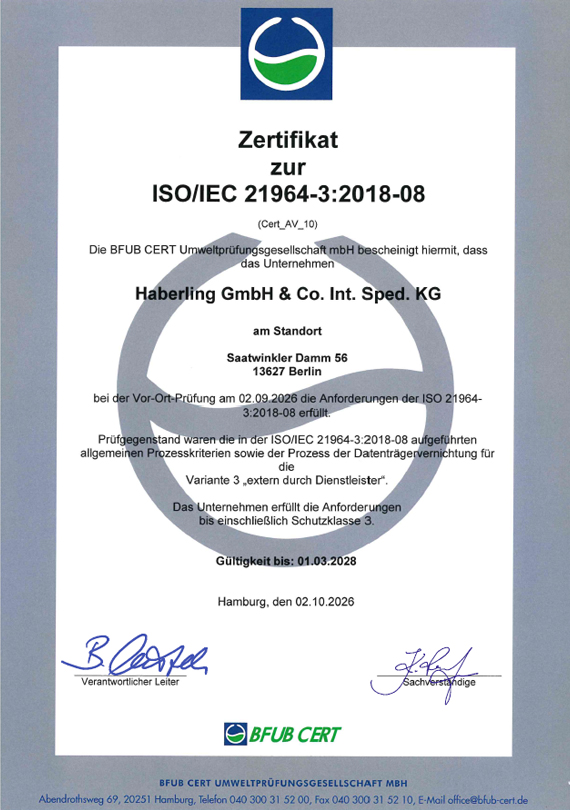 Haberling GmbH - Zertifikat Datenvernichtung DIN ISO/IEC 21964-3 - ausgestellt von BFUB CERT (Cert_AV_10)