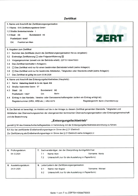 Haberling GmbH - Zertifikat Entsorgungsfachbetrieb - ausgestellt von SVG CERT (Zertifikat Nr. ZZFT011004475003)