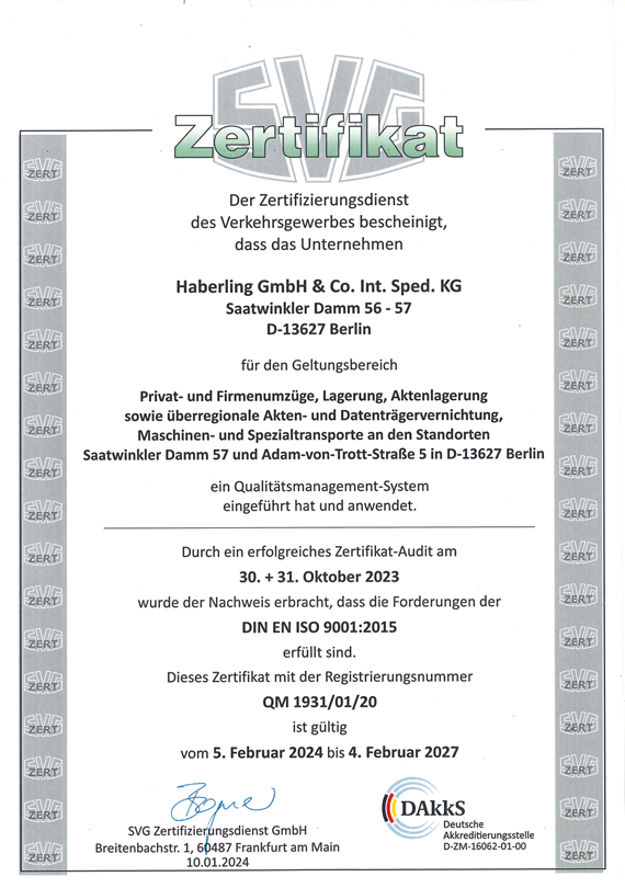 Haberling GmbH - Zertifikat Qualitätsmanagement DIN EN ISO 9001 ausgestellt von DAkkS D-ZM-16062-01-00