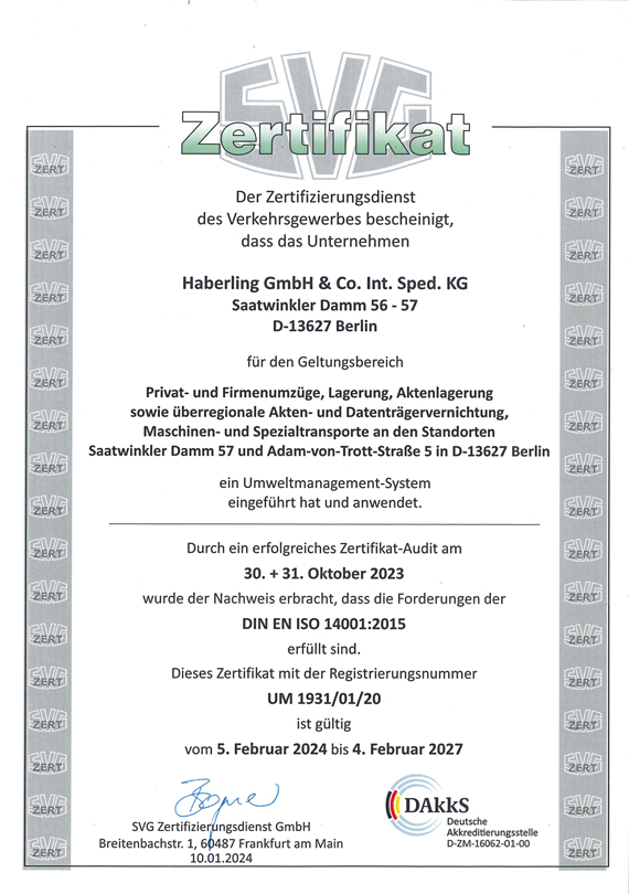Haberling GmbH - Zertifikat Umweltmanagement DIN EN ISO 14001 - ausgestellt von DAkkS D-ZM-16062-01-00